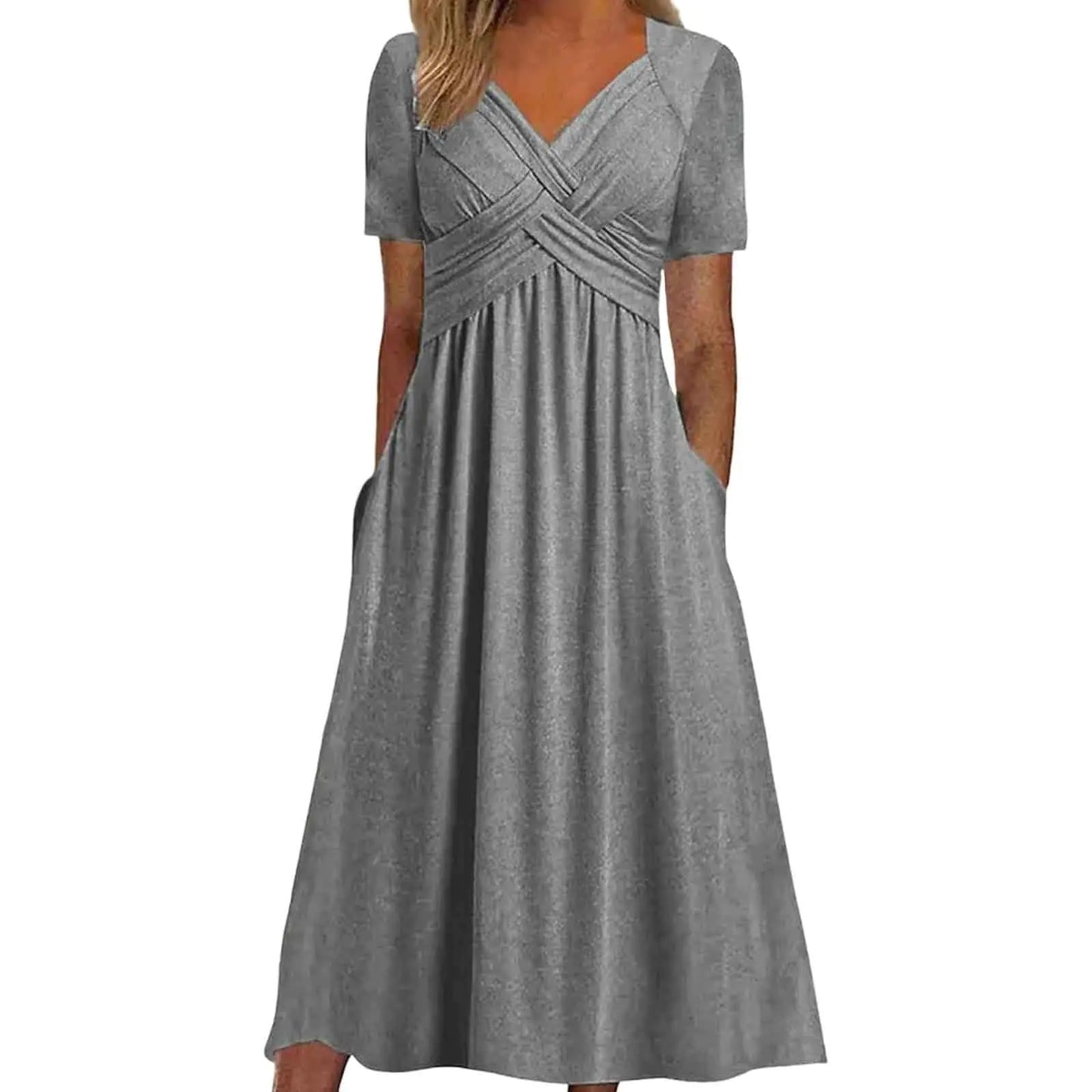 Generic Womens Boho Floral Flowy A Line Midi Dress Casual Loose Summer Short Sleeve Beach Vacation Dresses with Pockets Womens 2024 Floral Summer Long Midi Dress Boho Pleated Dresses 03-Grey Small