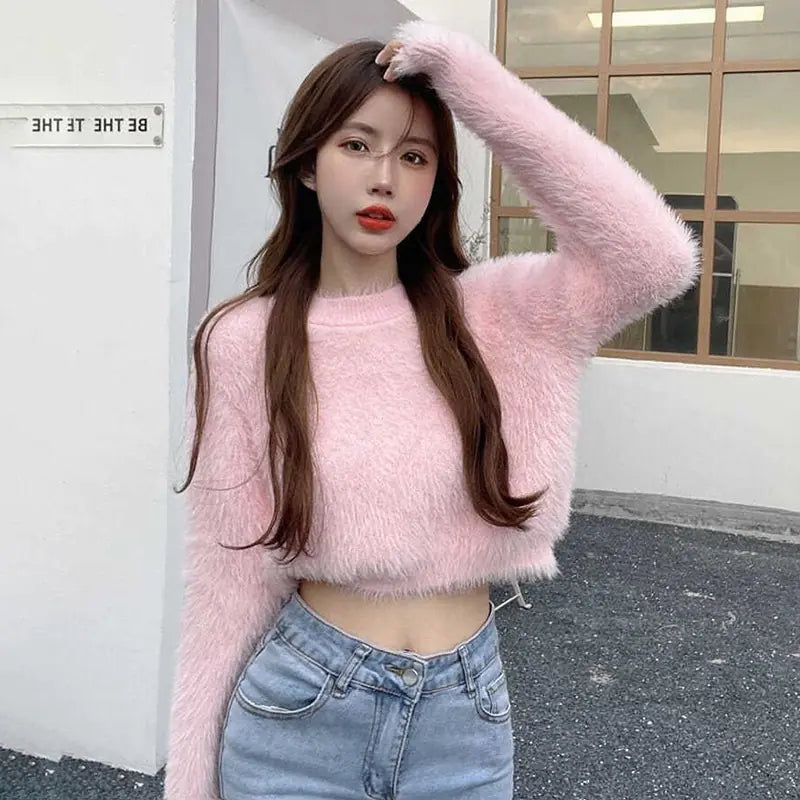 Women's Casual Faux Mink Pullover Sweater Top