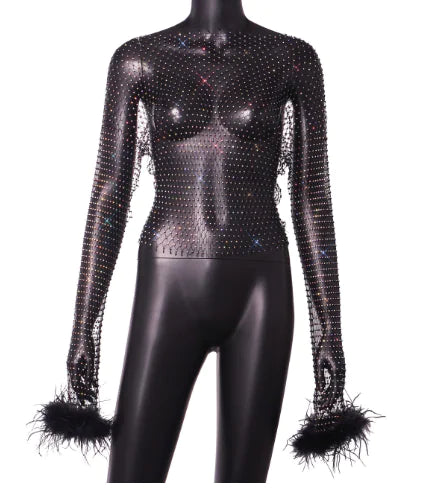 Rhinestone Mesh Hollow Out Long Sleeve Women's Top