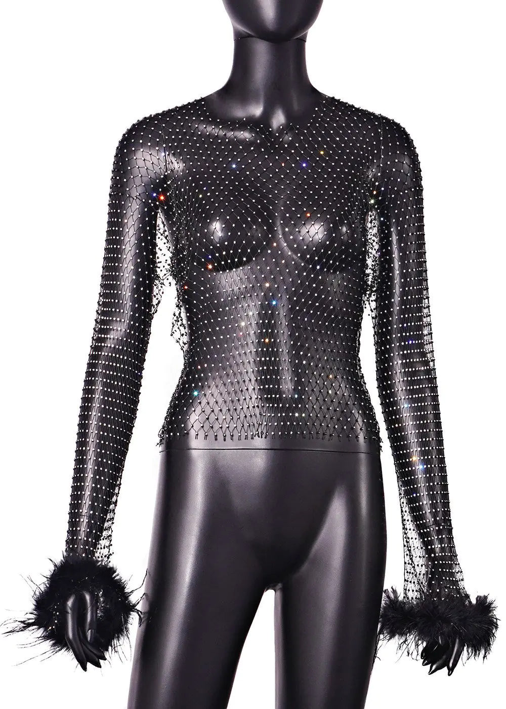 Rhinestone Mesh Hollow Out Long Sleeve Women's Top