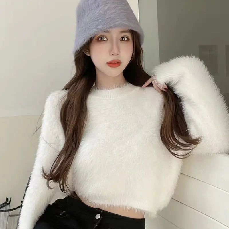 Women's Casual Faux Mink Pullover Sweater Top