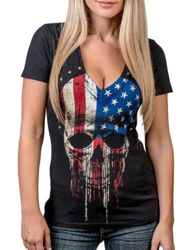 New Summer Women's Top with Skull Print and Deep V Neck
