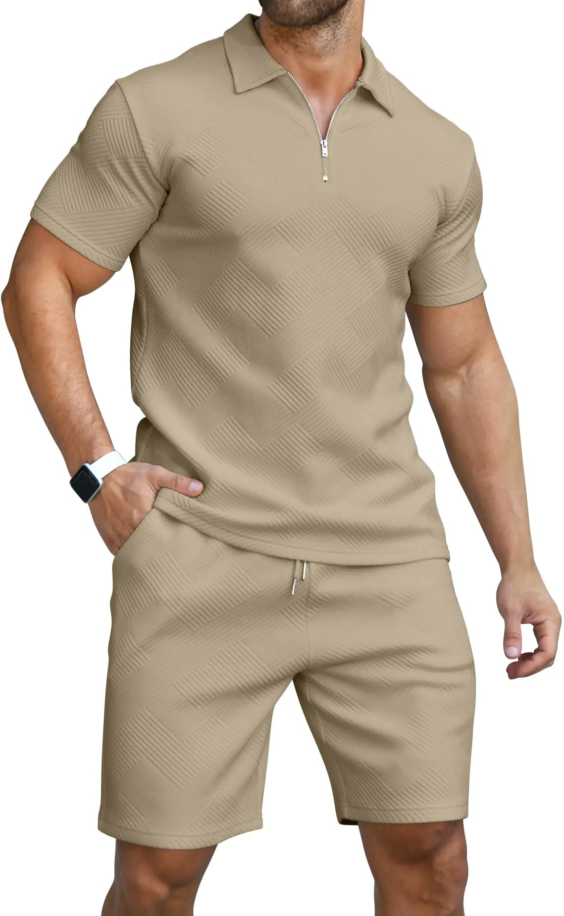 KUYIGO Mens Polo Shirt and Shorts Set Summer Outfits Casual Short Sleeve Polo Suit for Men 2 Piece Shorts Tracksuit Set Khaki 2XL