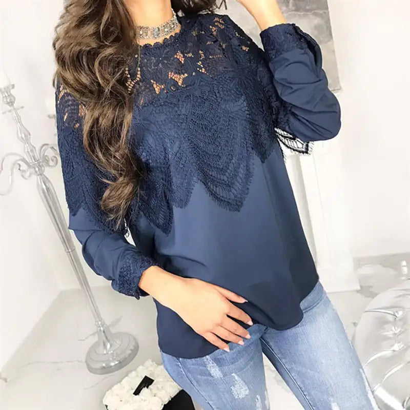 Lace Splicing Round Neck Long Sleeve Women's Top