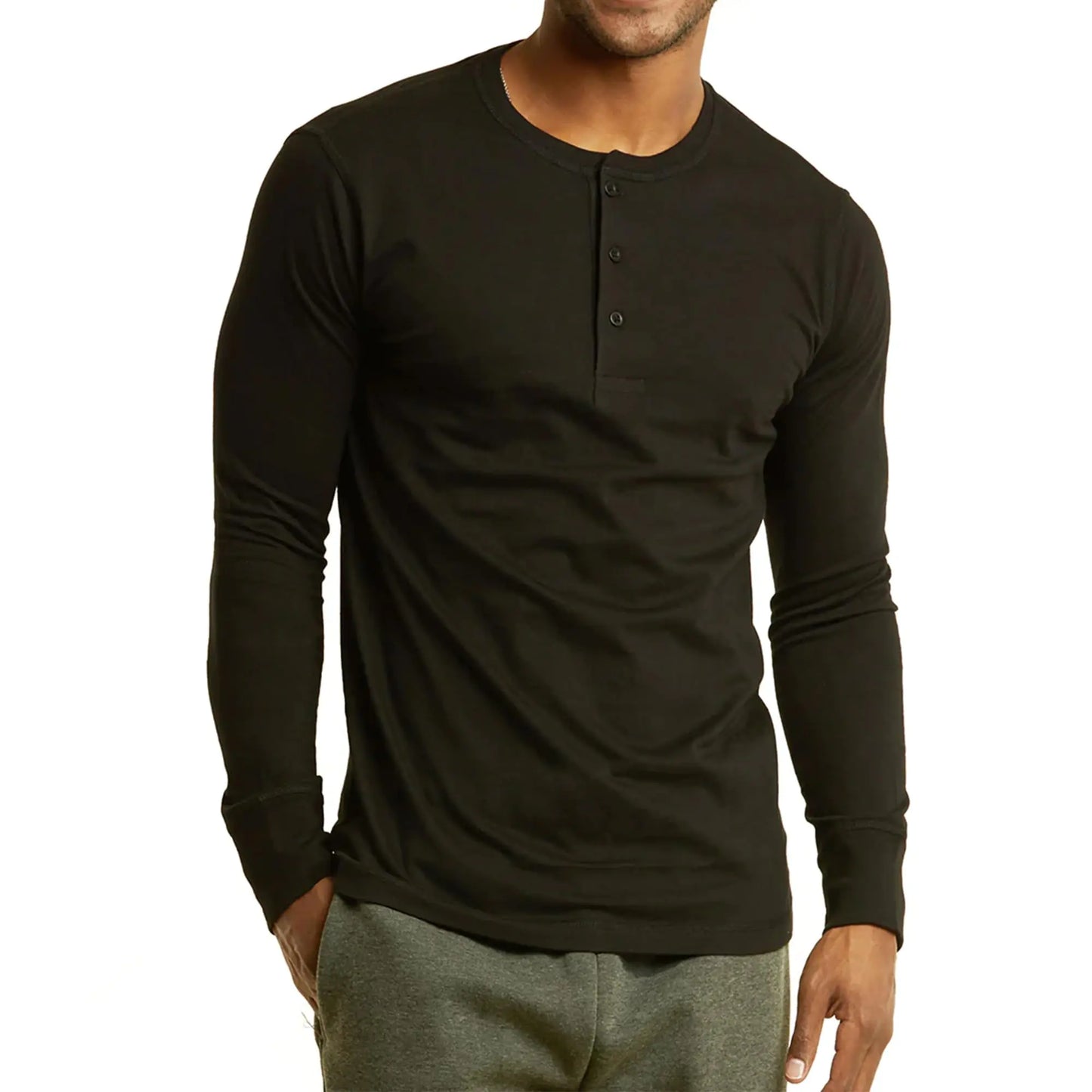 Mens Waffle Jersey Henley Shirts - Casual Top Tee T-Shirts Long SleeveMHS001LBLK