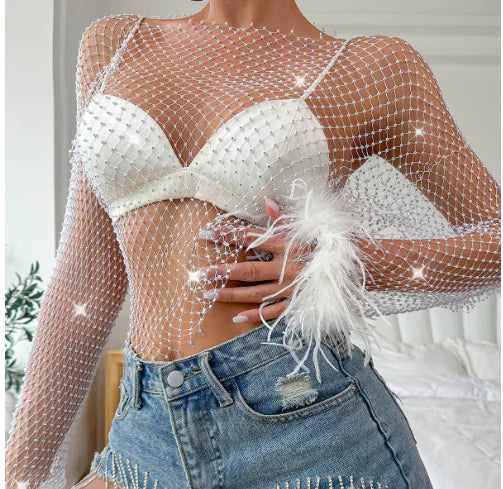 Rhinestone Mesh Hollow Out Long Sleeve Women's Top