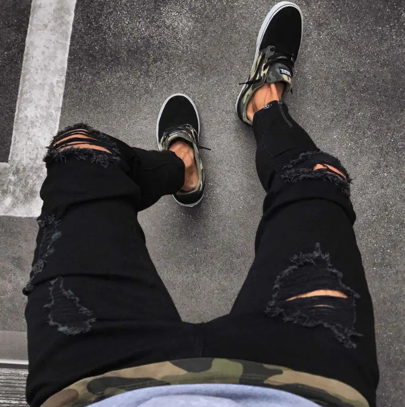 Men's Black Ripped Stretch Skinny Jeans with Zipper