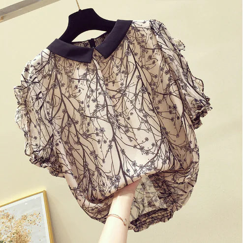 Lace-Trimmed Chiffon High-Neck Women's Top