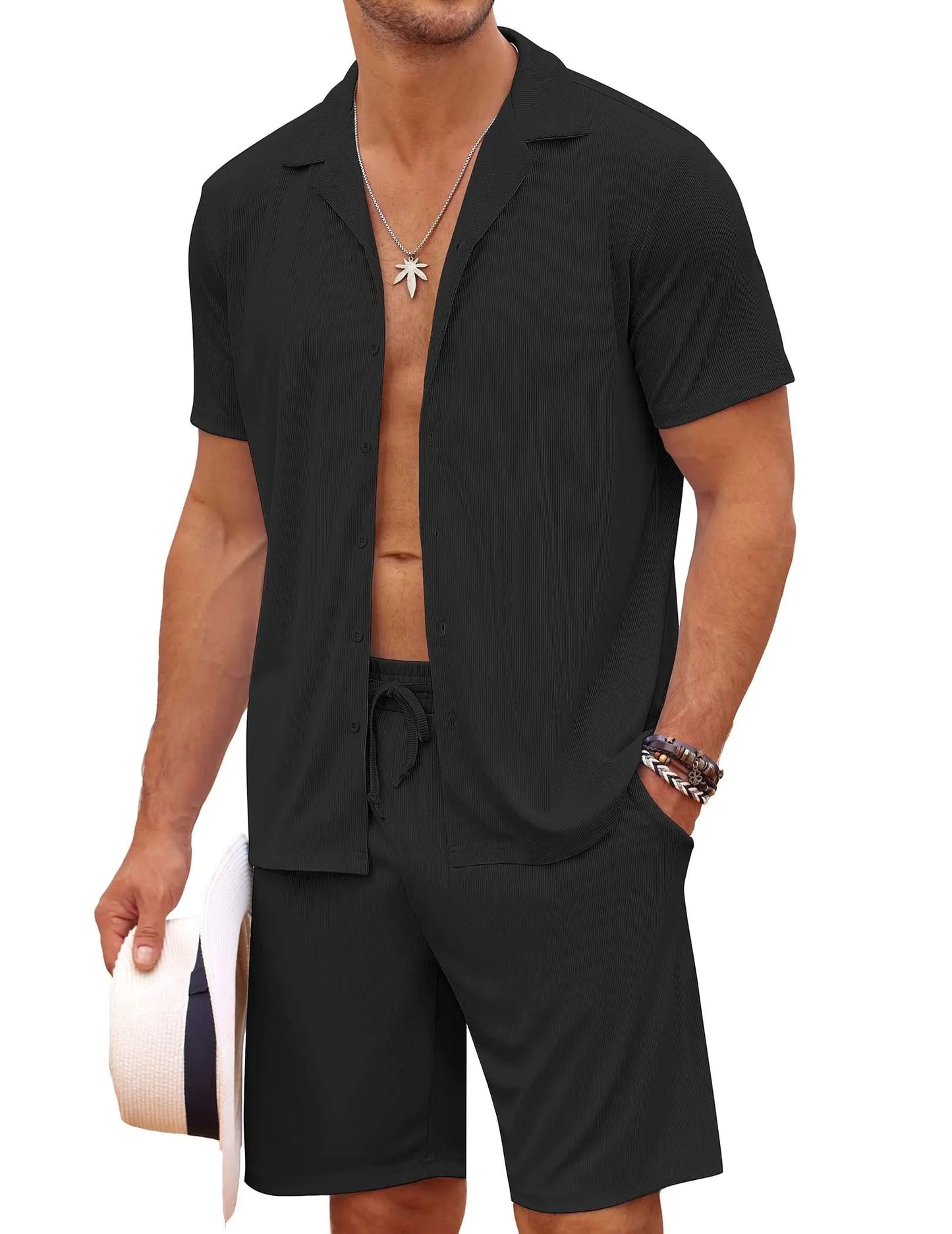 COOFANDY Mens Short Sets 2 Piece Outfits Casual Button Down Shirt Drawstring Waist Shorts Suit