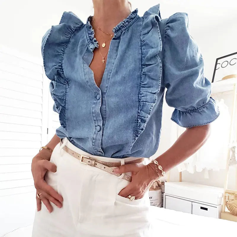 Fluffy Button Ruffled Puff Sleeve Women's Top