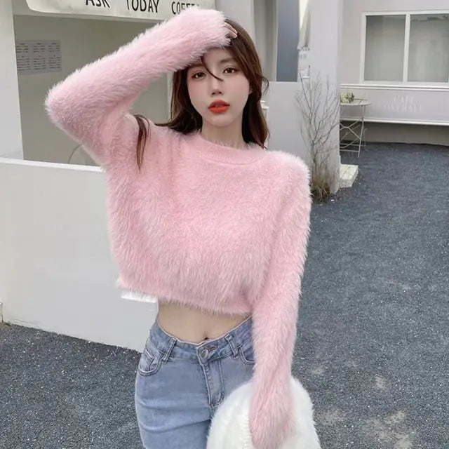 Women's Casual Faux Mink Pullover Sweater Top