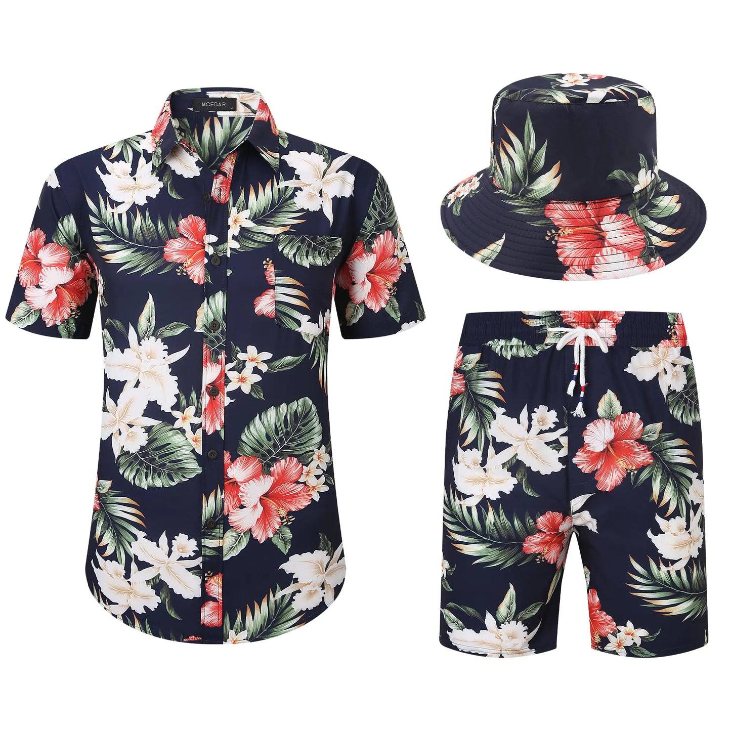 MCEDAR Mens Hawaiian Shirt and Short 2 Piece Vacation Outfits Sets Casual Button Down Beach Floral Suits with Bucket Hats(18Dark Blue3XL)