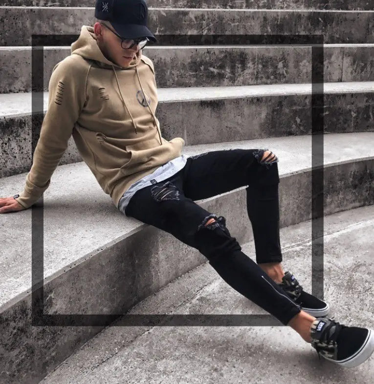 Men's Black Ripped Stretch Skinny Jeans with Zipper