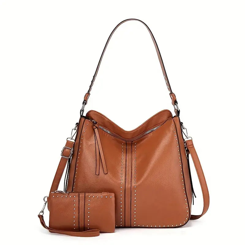 2Pcs Studded Hobo Bag Set with Clutch Purses