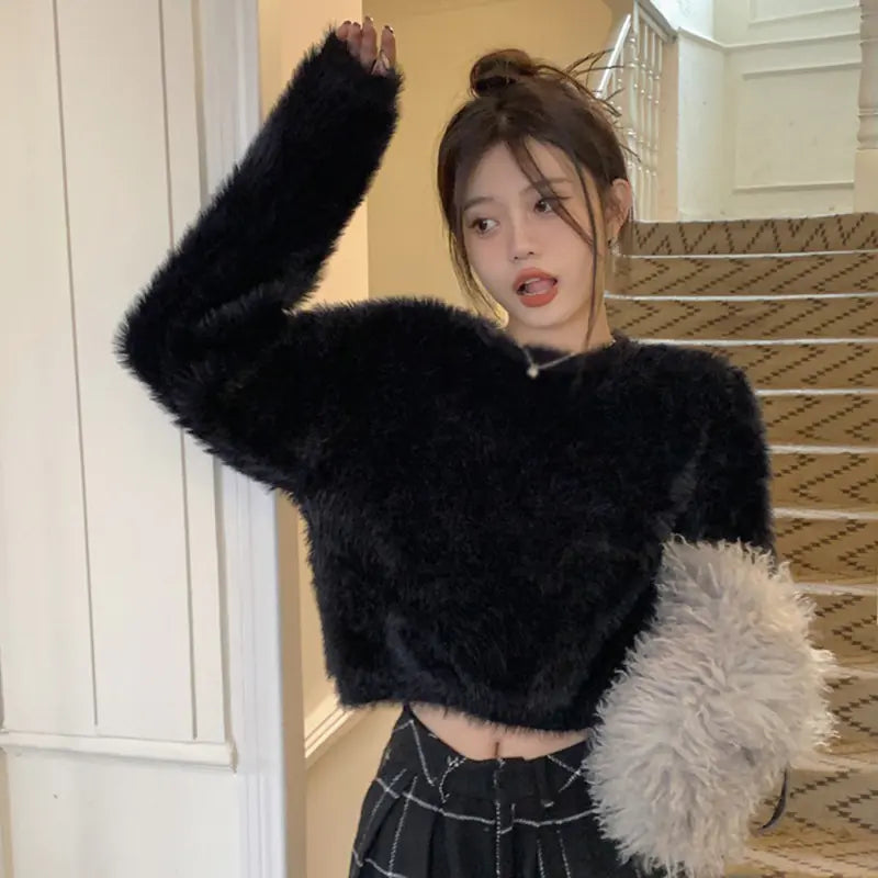 Women's Casual Faux Mink Pullover Sweater Top