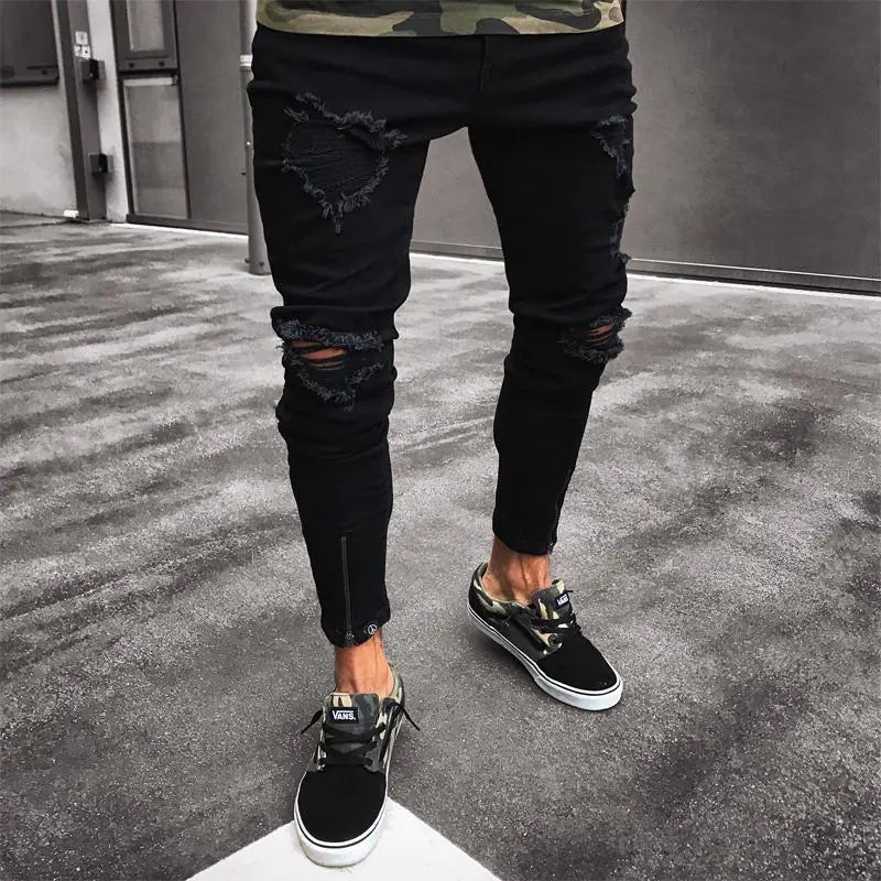 Men's Black Ripped Stretch Skinny Jeans with Zipper