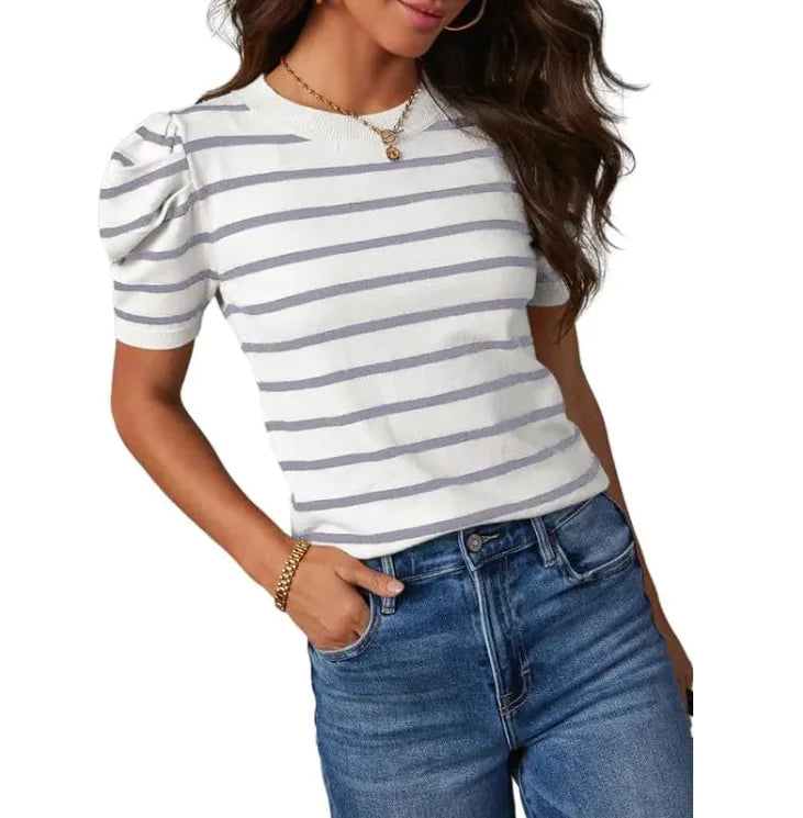 Women's Striped Puff Sleeve Knitted Top