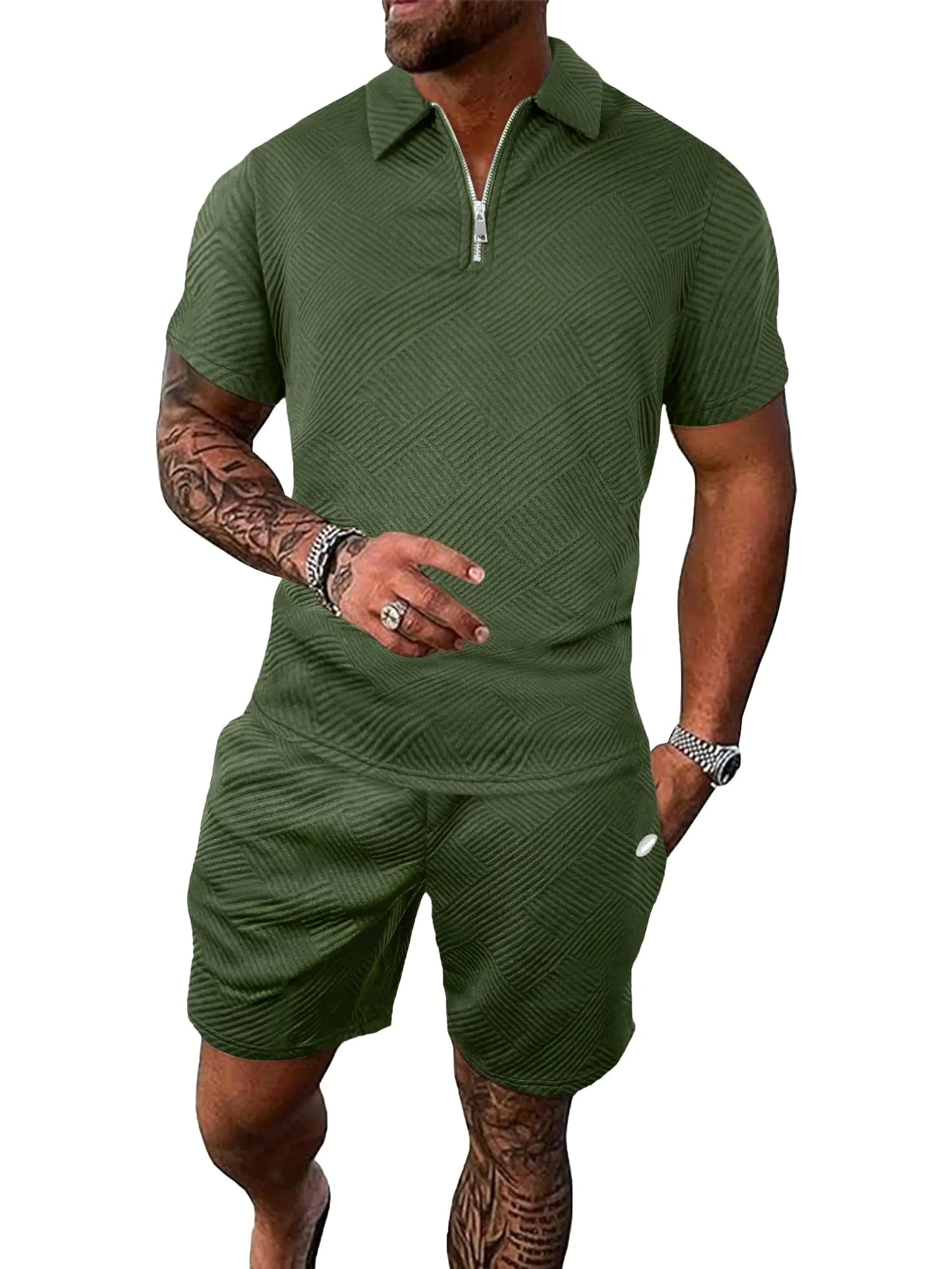 PLEPAN Mens Short Sets 2 Piece Summer Casual Outfits Polo Short Sleeve Shirts & Shorts Track Suit Jogging Loungewear Army Green M