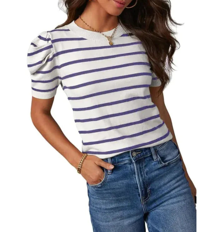 Women's Striped Puff Sleeve Knitted Top