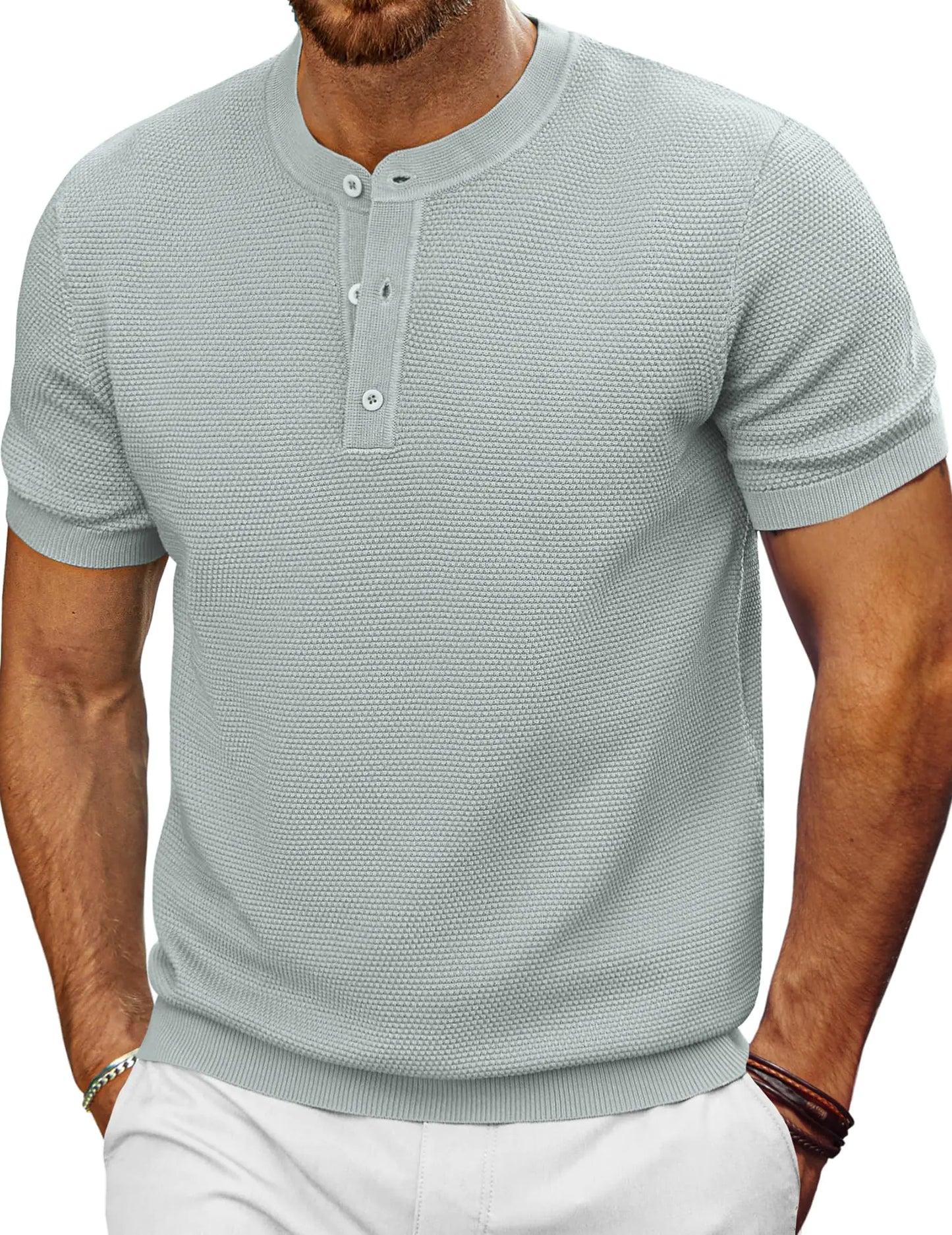 PJ PAUL JONES T-Shirt for Men Short Sleeve Textured Summer Knitted Crewneck Shirt for Casual Business Light Grey