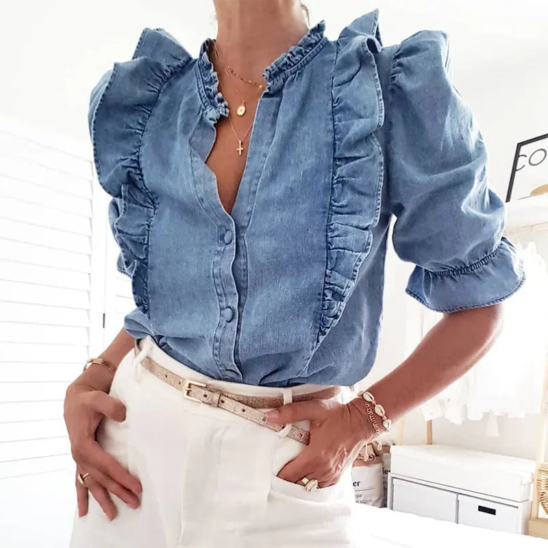Fluffy Button Ruffled Puff Sleeve Women's Top
