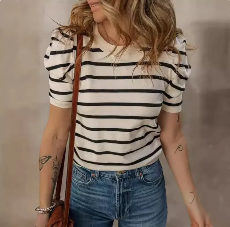 Women's Striped Puff Sleeve Knitted Top