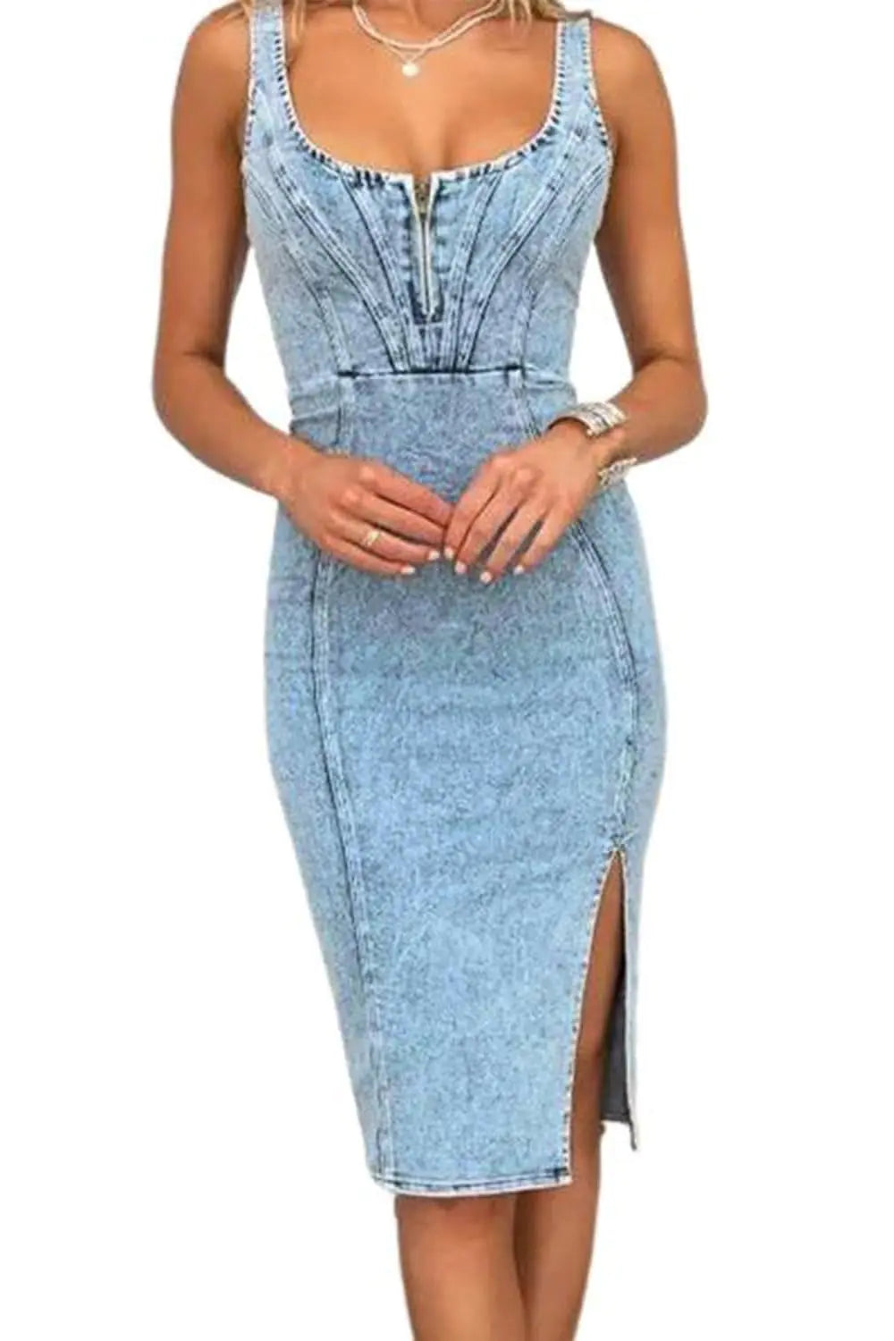 Womens Denim Dress Sleeveless Side Slit Bodycon Midi Jean Scoop Neck Dresses (Blue XL)