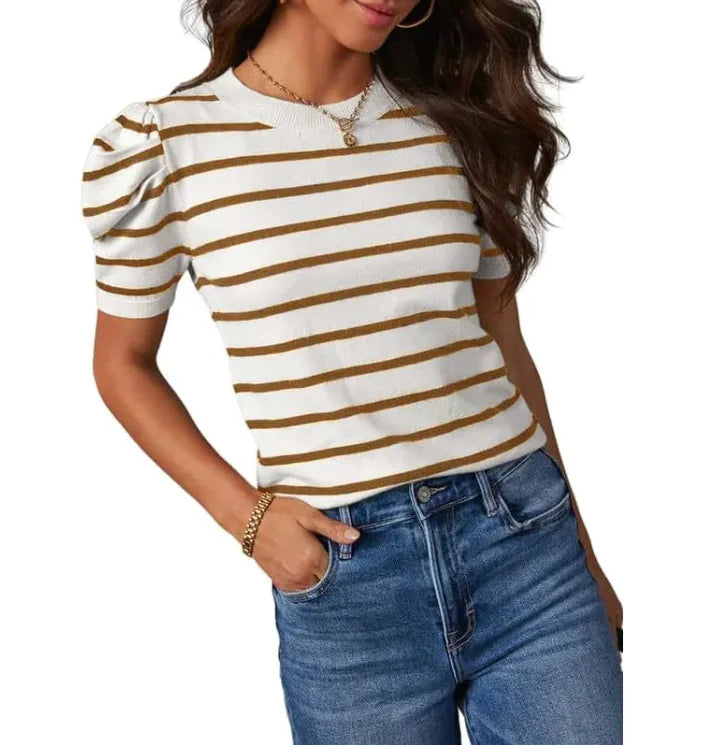 Women's Striped Puff Sleeve Knitted Top