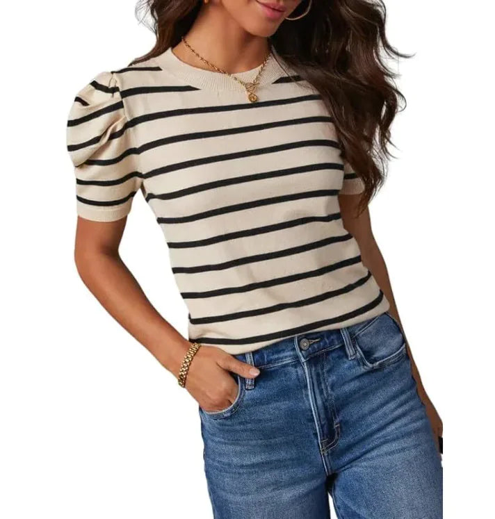 Women's Striped Puff Sleeve Knitted Top