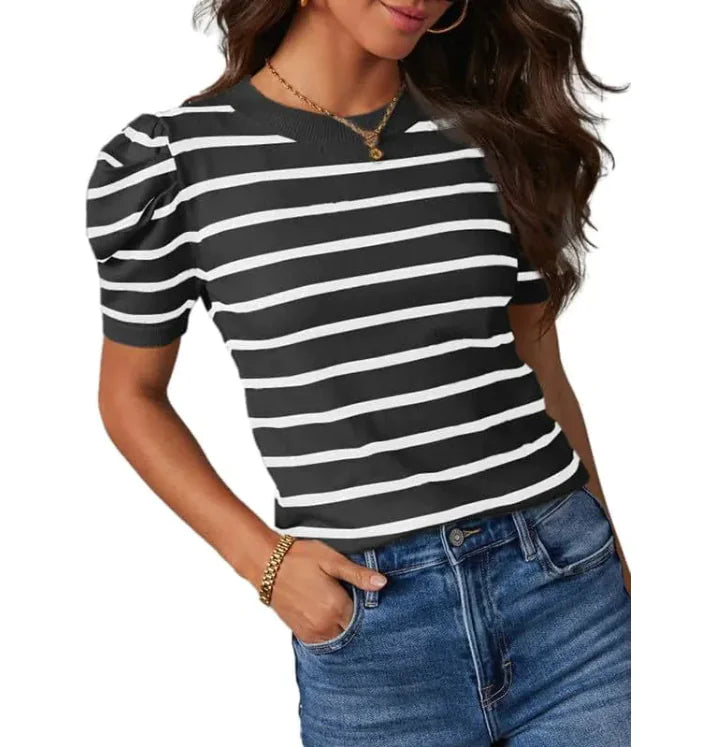 Women's Striped Puff Sleeve Knitted Top