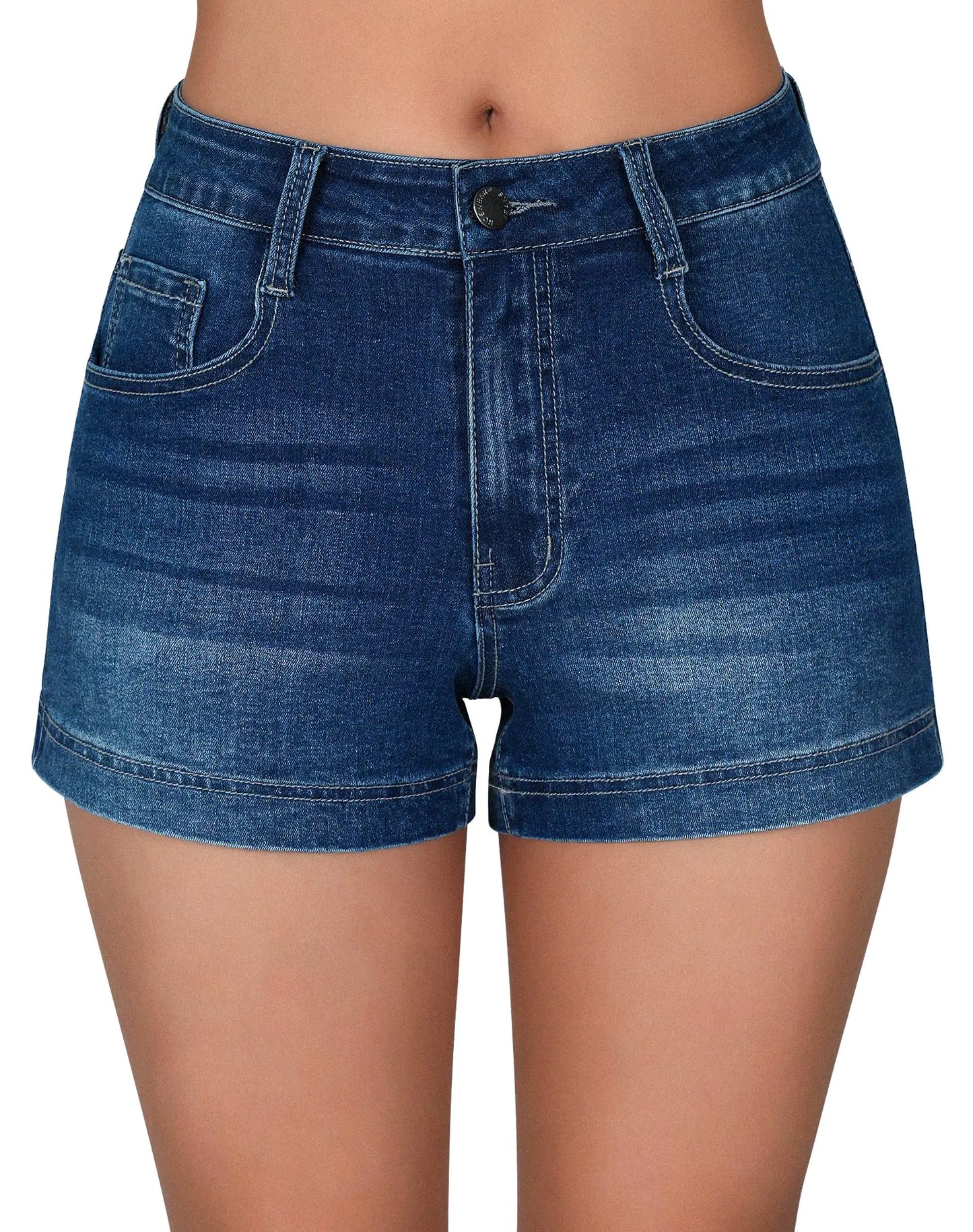 roswear Womens Casual Summer High Waisted Basic Jean Shorts Stretchy Denim Shorts Blue Medium