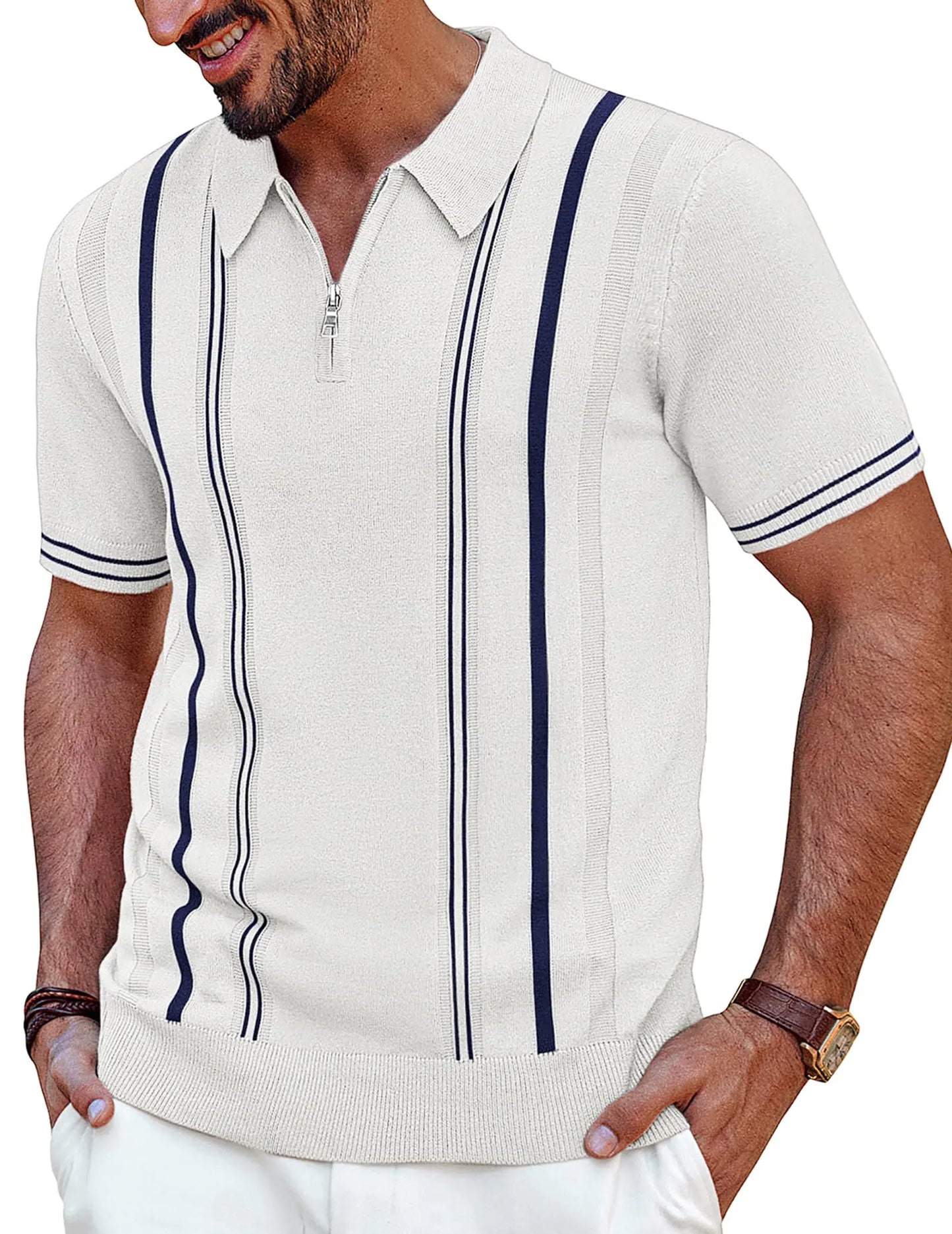 PJ PAUL JONES Mens Quarter Zipper Knit Polo Shirts Striped Vintage Short Sleeve Shirt Off - White