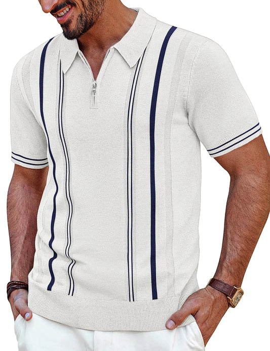 PJ PAUL JONES Mens Quarter Zipper Knit Polo Shirts Striped Vintage Short Sleeve Shirt Off - White