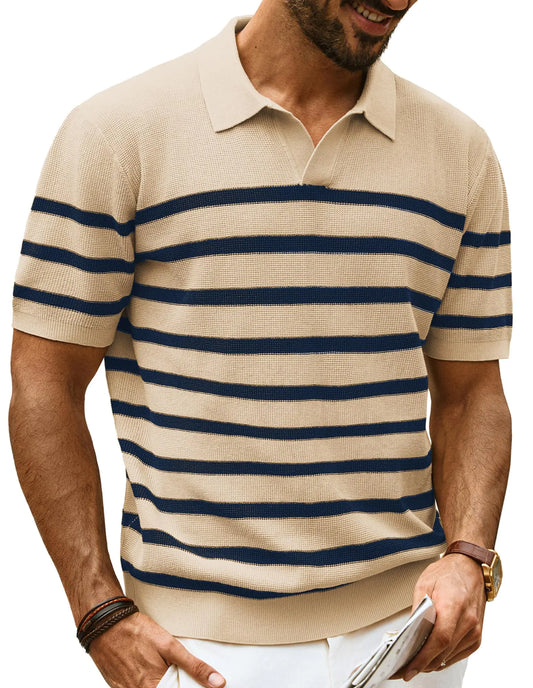 PJ PAUL JONES Mens Polo Shirts Short Sleeve V-Neck Polos Casual Striped T Shirt Apricot