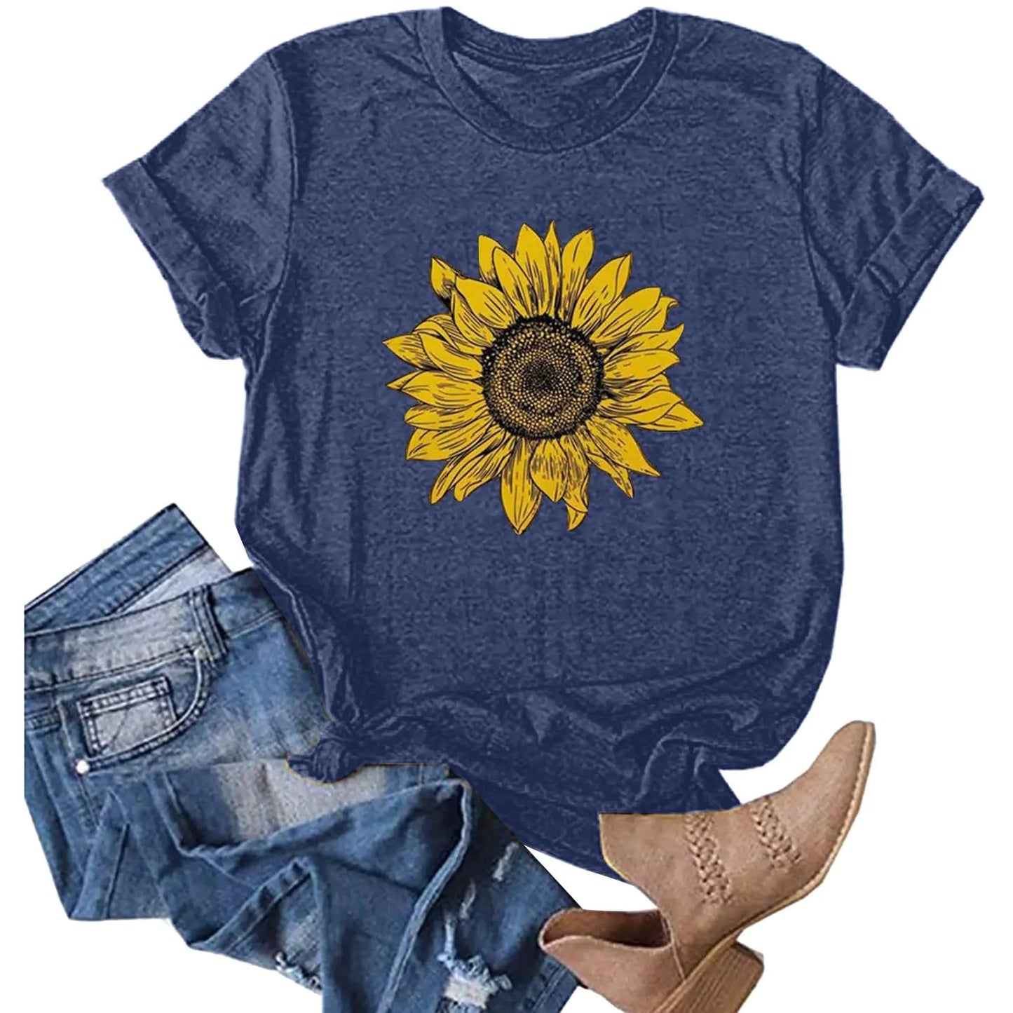 Generic Sunflower Graphic Tees for Women Casual Summer O Neck Short Sleeve Going Out Floral Tops Oversized Holiday Tshirts Loose Fit Athletic Workout Tunic Tops Cute Teen Girls Clothes E-Navy M