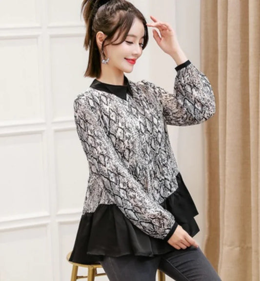 Lace-Trimmed Chiffon High-Neck Women's Top