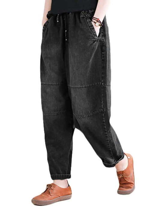FTCayanz Womens Baggy Jeans Pull On Denim Joggers Elastic Waist Casual Harem Pants with Pockets Jean Black