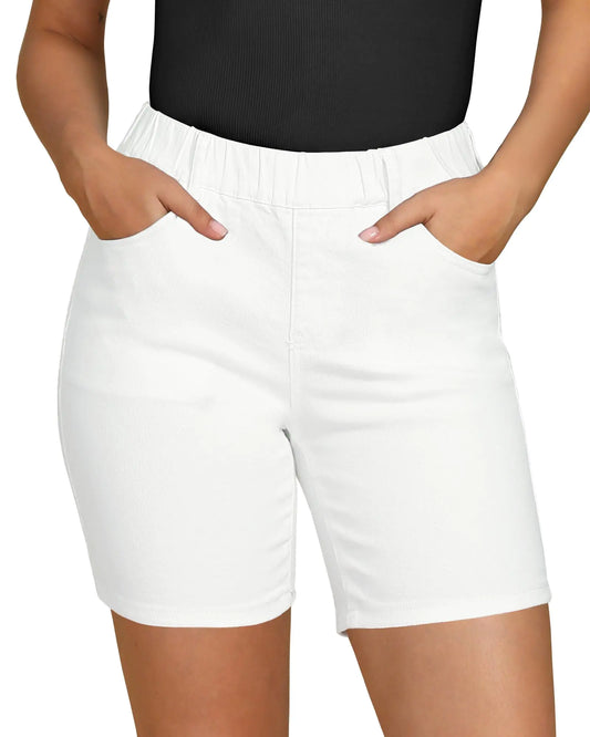 luvamia Stretchy Jean Shorts for Women Denim Pull On Shorts Women Mid Rise Elastic Waist Jorts Cream White Jean Shorts Women White Shorts Womens White Denim Shorts Size X-Large Fits Size 16 Size 18