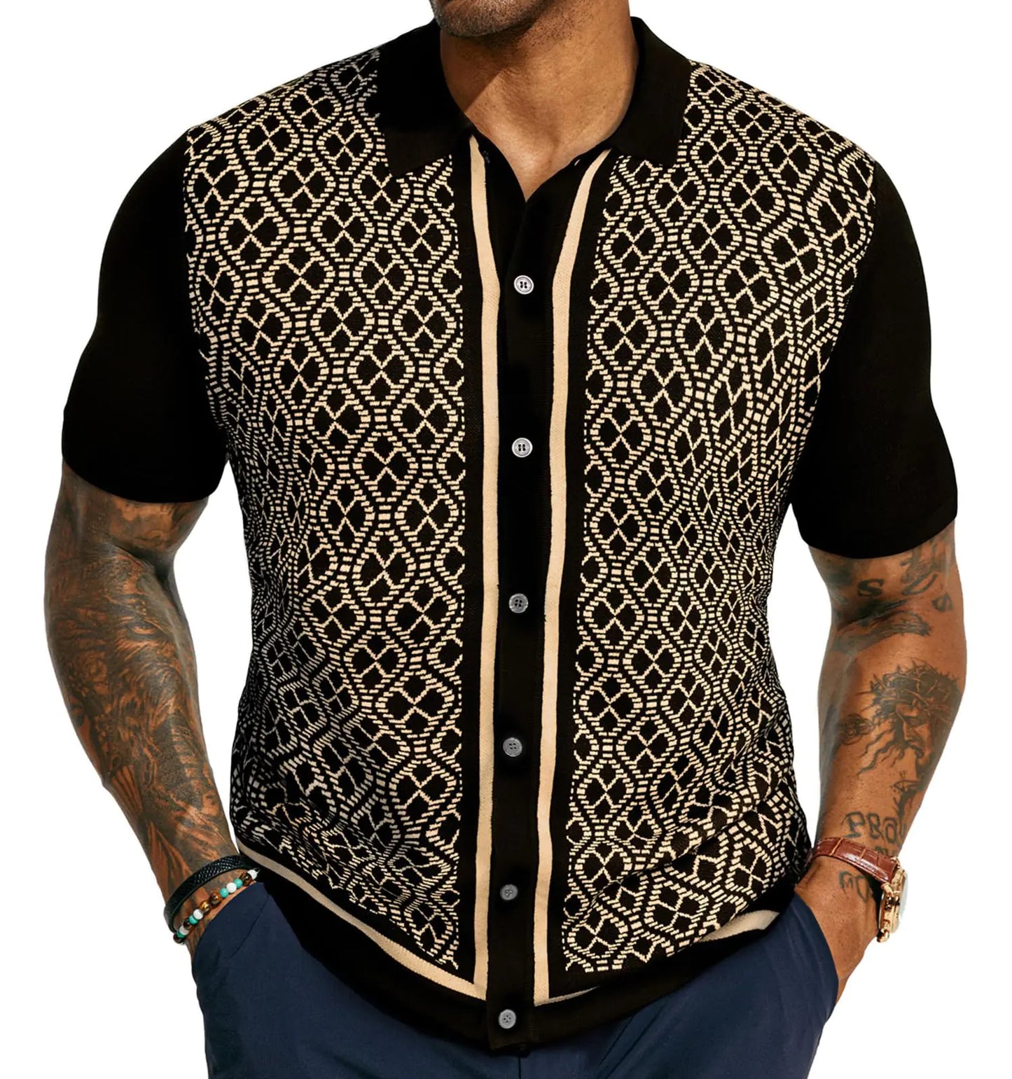 PJ PAUL JONES Mens Knitted Polo Shirt Button Down Knitwear Contrast Knitted Polo Shirts for Summer Black Gold