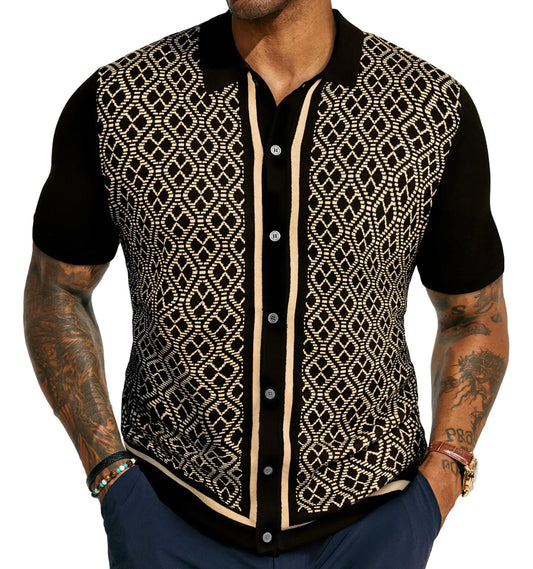 PJ PAUL JONES Mens Knitted Polo Shirt Button Down Knitwear Contrast Knitted Polo Shirts for Summer Black Gold