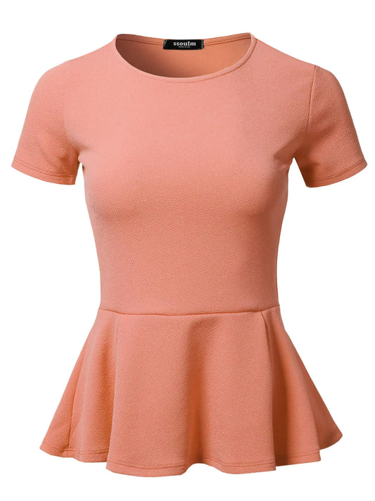 SSOULM Womens Classic Stretchy Short Sleeve Flare Peplum Blouse Top Mauve 1X