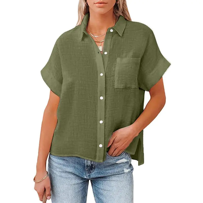Womens Loose Henley Blouse Short Sleeve Flowy Button Down T Shirts Side Slit Tops