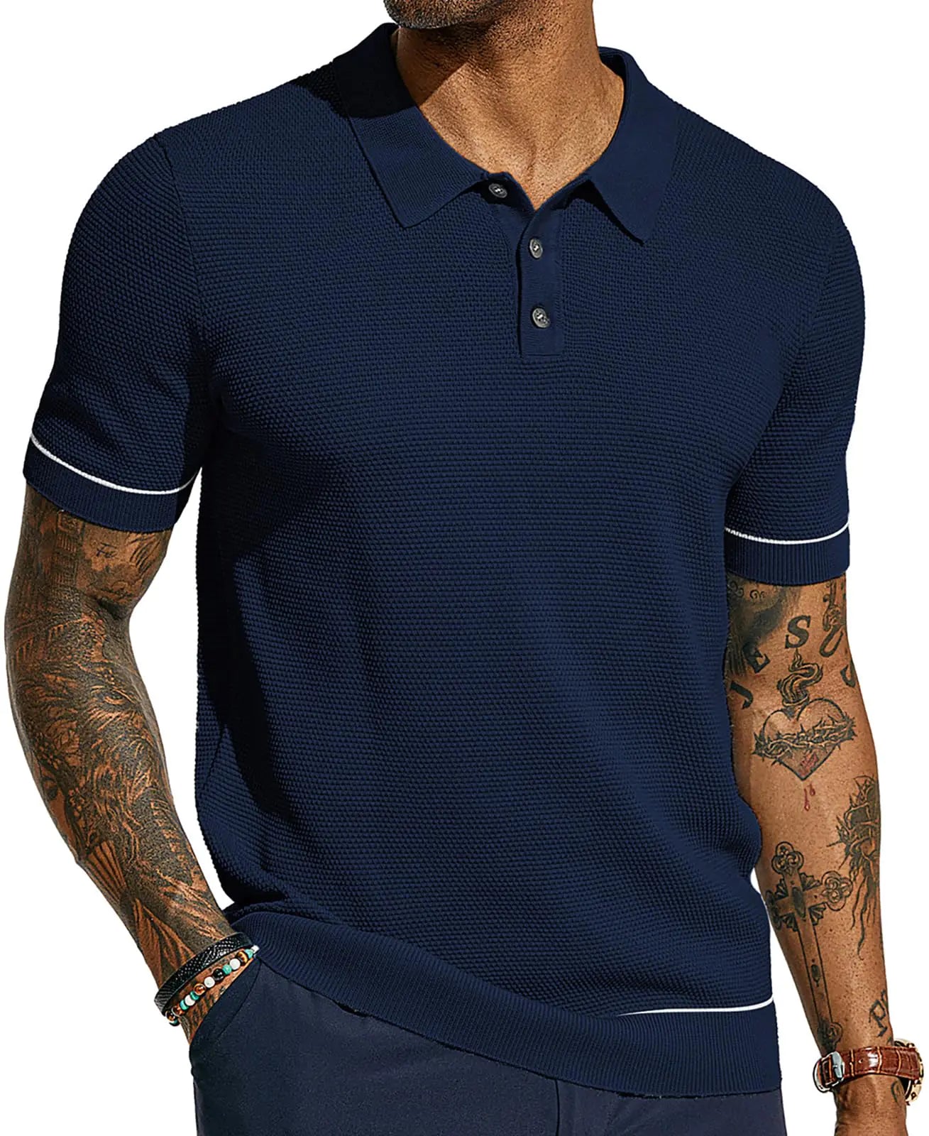 PJ PAUL JONES Knit Polo Shirts Men Short Sleeve Button Up 2024 Fashion Knitted Polo Shirt Navy Blue 2XL