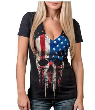 New Summer Women's Top with Skull Print and Deep V Neck