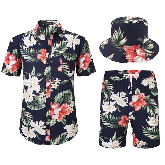MCEDAR Mens Hawaiian Shirt and Short 2 Piece Vacation Outfits Sets Casual Button Down Beach Floral Suits with Bucket Hats(18Dark Blue3XL)