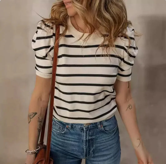 Women's Striped Puff Sleeve Knitted Top