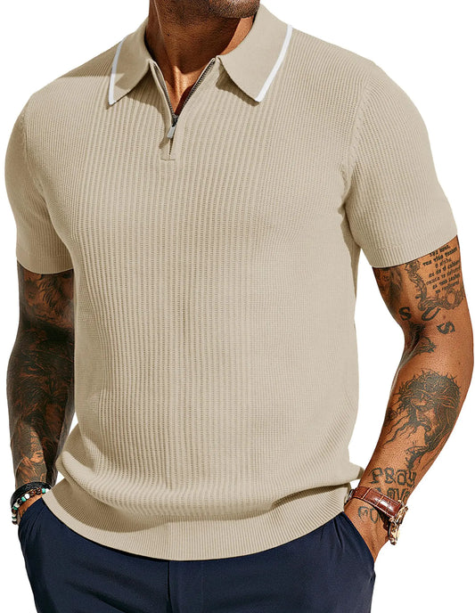 PJ PAUL JONES Casual Polo Shirt for Men Knitted Short Sleeve Shirts Lightweight Polo Shirt Apricot