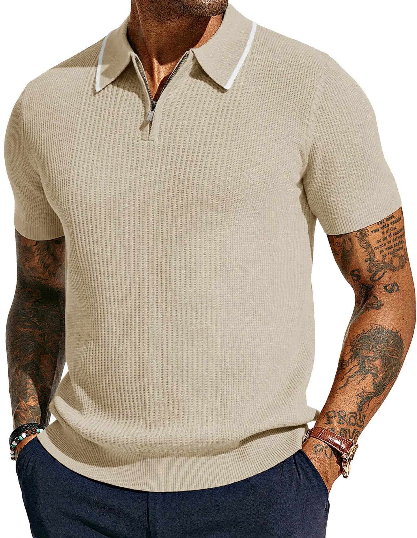 PJ PAUL JONES Casual Polo Shirt for Men Knitted Short Sleeve Shirts Lightweight Polo Shirt Apricot
