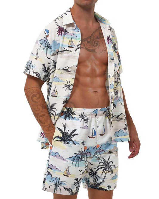 Poekuao Mens Hawaiian Matching Set Summer Beach Swim Outfits 2 Piece Flower Tropical Short Sleeve Cuban Shirts and Shorts Suits (tropical printxl)