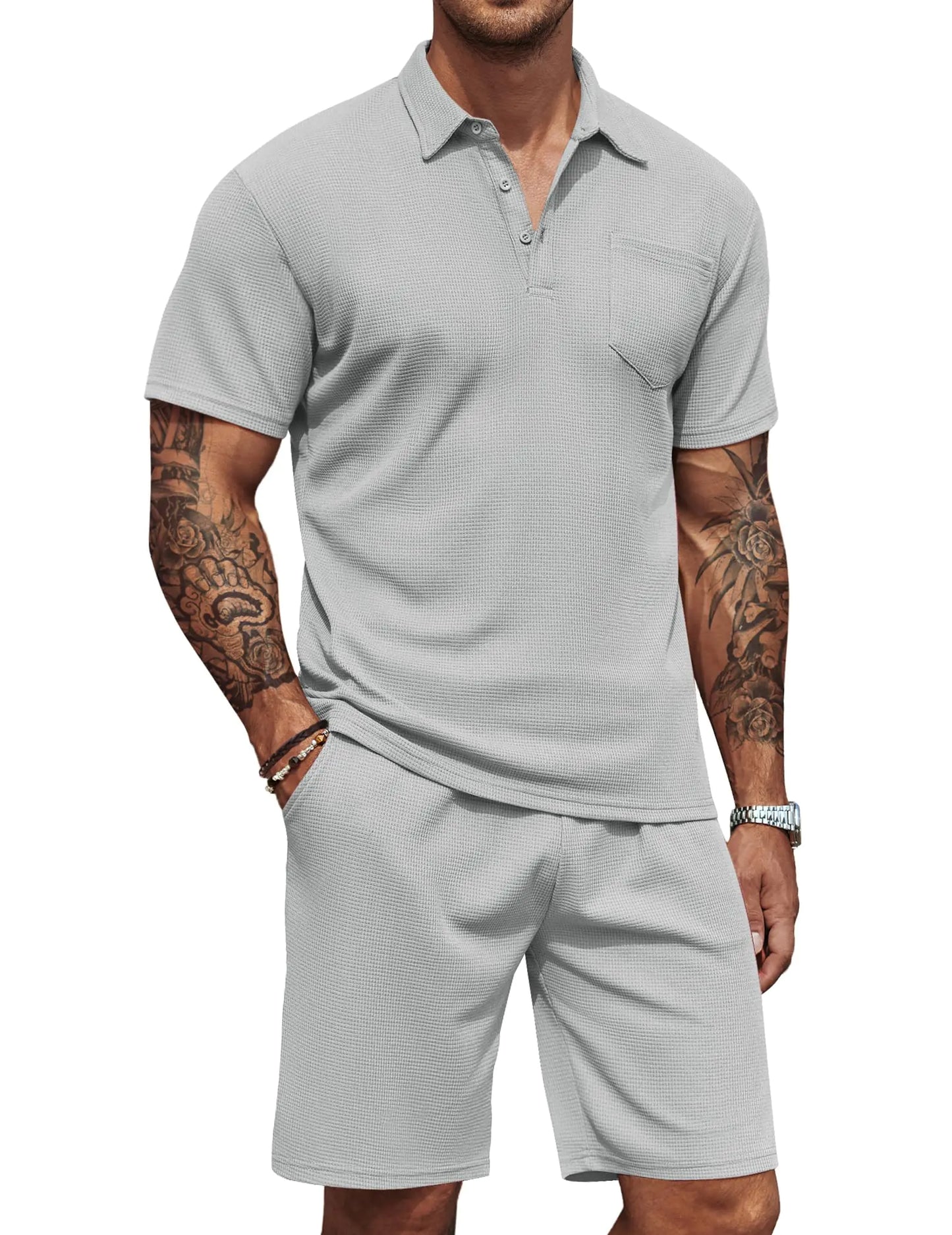 COOFANDY Mens Waffle Knit Polo Shirt and Shorts Set 2 Pieces Outfits Summer Suit Casual Tracksuit with Pockets